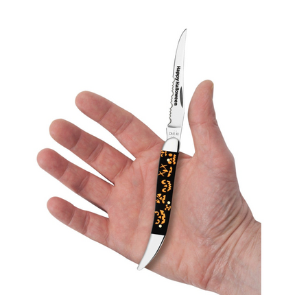 Razor Sharp AZ Case Halloween Texas Toothpick knife with black handle, jack-o-lantern print, and Happy Halloween blade