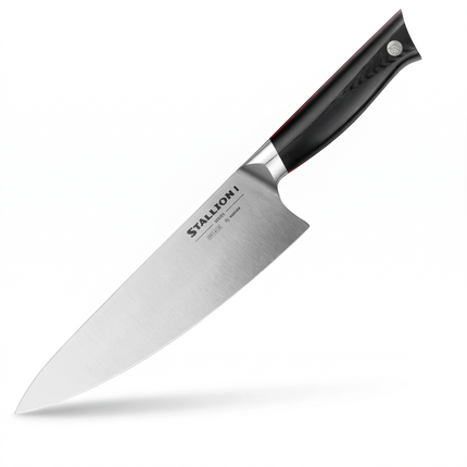 Razor Sharp AZ Vosteed Stallion I 8-inch chef knife with a DIN 1.4116 stainless steel blade and black G10 handle.