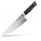Razor Sharp AZ Vosteed Stallion I 8-inch chef knife with a DIN 1.4116 stainless steel blade and black G10 handle.