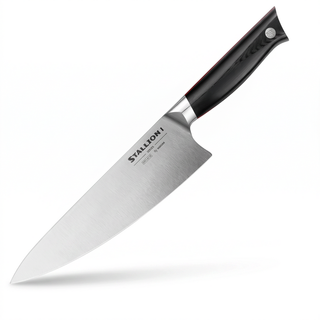 Razor Sharp AZ Vosteed Stallion I 8-inch chef knife with a DIN 1.4116 stainless steel blade and black G10 handle.