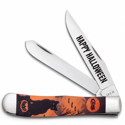 Razor Sharp AZ Case Halloween Color Infusion Trapper knife with black cat and jack-o-lantern handle and Happy Halloween blade