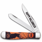 Razor Sharp AZ Case Halloween Color Infusion Trapper knife with black cat and jack-o-lantern handle and Happy Halloween blade