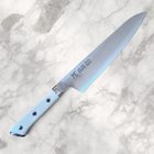 Razor Sharp AZ Perfect Edge Shiro Hane 8.5-inch Gyuto knife with a white Corian handle and nitrogen-infused steel blade.