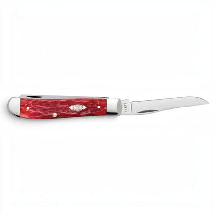 Razor Sharp AZ Case Peach Seed jigged dark red bone mini trapper knife with a polished carbon steel clip blade