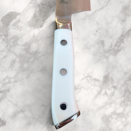 Razor Sharp AZ Perfect Edge Shiro Hane 8.5 inch Gyuto knife featuring a sleek white Corian handle with three rivets