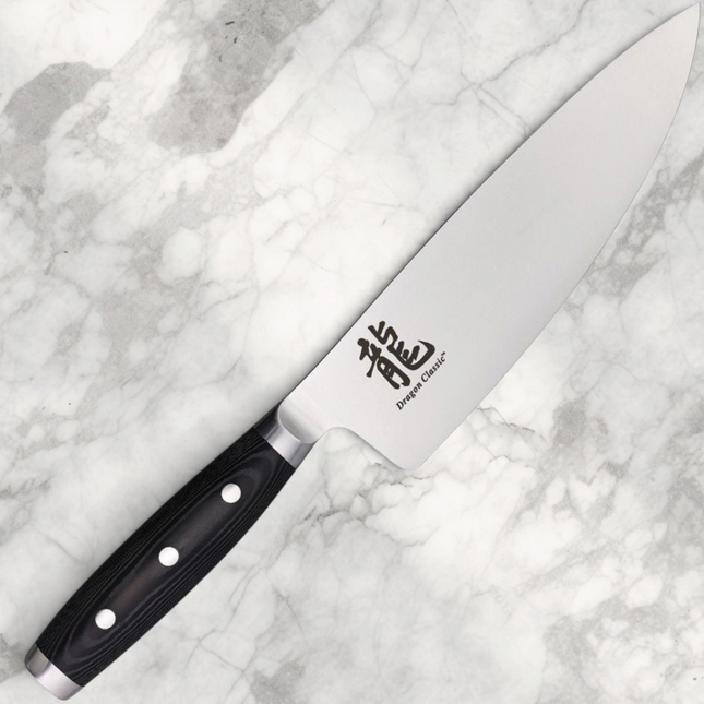 Razor Sharp AZ Perfect Edge Cutlery Dragon Classic 8-inch chef's knife with black Micarta handle and steel blade