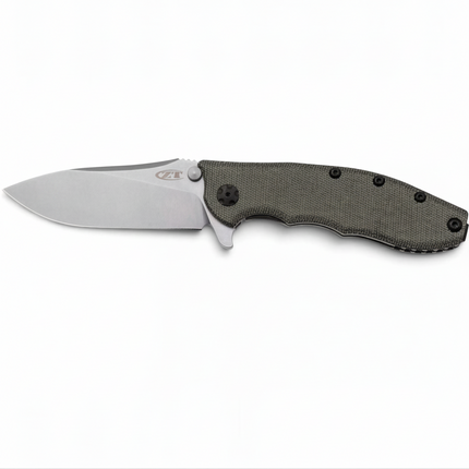 Razor Sharp AZ Zero Tolerance 0562MIC pocket knife with a CPM MagnaCut blade and green canvas Micarta handle scale.