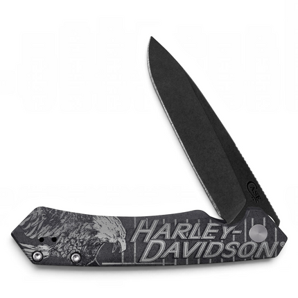 Razor Sharp AZ Case Harley Davidson Kinzua folding knife with black anodized aluminum handle and eagle graphic