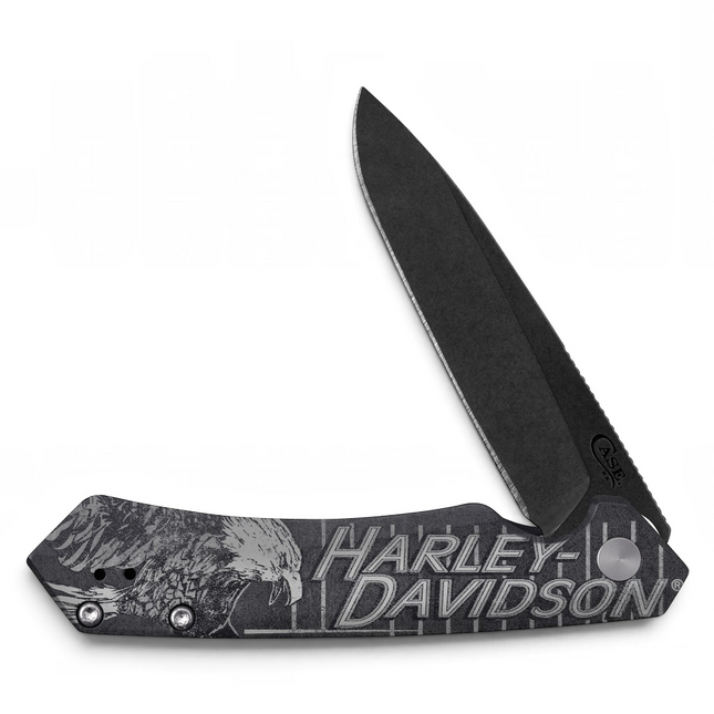 Razor Sharp AZ Case Harley Davidson Kinzua folding knife with black anodized aluminum handle and eagle graphic