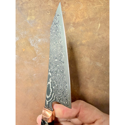 Honesuki 5.5 inch boning knife with Damascus blade, shredded carbon infused resin handle, brass bolster