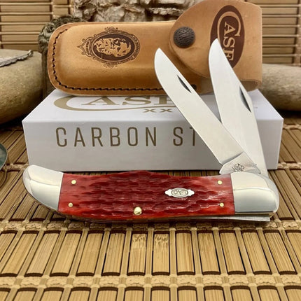 Peach Seed Jig Dark Red Bone CS Folding Hunter with Sheath by Case®
