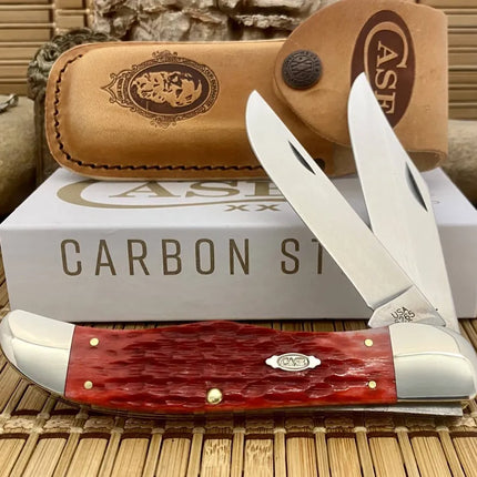 Peach Seed Jig Dark Red Bone CS Folding Hunter with Sheath by Case®