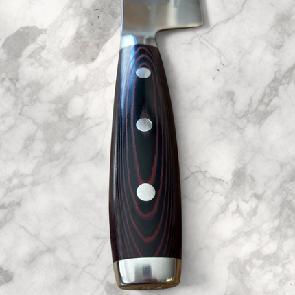 Razor Sharp AZ Dragon Fire Nakiri knife handle featuring black and red layered Micarta with three silver rivets