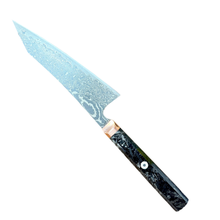 Honesuki 5.5” boning knife with Damascus-pattern blade, carbon-infused shredded handle, brass bolster.