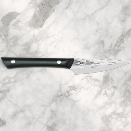 Razor Sharp AZ 3.5-inch paring knife with a hammered stainless steel blade and black riveted POM handle on marble.
