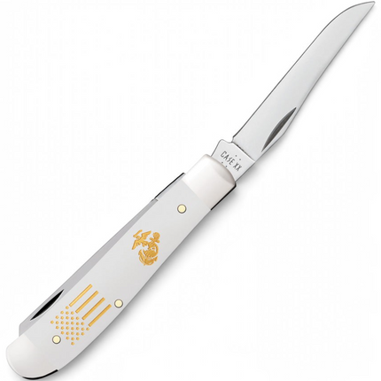 Razor Sharp AZ Case USMC Mini Trapper knife with smooth white synthetic handle and polished stainless steel blade