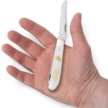 Razor Sharp AZ Case USMC Mini Trapper pocket knife with smooth white synthetic handle and polished stainless blade