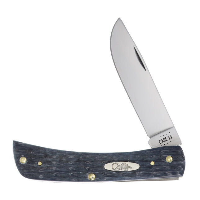 Case Sod Buster Jr. knife with gray pocket-worn jigged bone handle and carbon steel blade, Case XX shield.