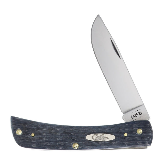 Case Sod Buster Jr. knife with gray pocket-worn jigged bone handle and carbon steel blade, Case XX shield.