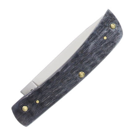 Case Sod Buster Jr. pocket knife with gray pocket-worn jigged bone handle and carbon steel blade.