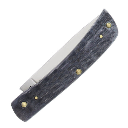 Case Sod Buster Jr. pocket knife with gray pocket-worn jigged bone handle and carbon steel blade.