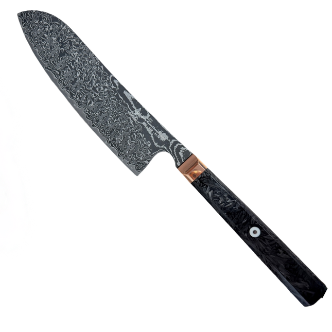 Damascus Steel 7.5” Santoku with shredded Carbon Fiber by Razor Sharp AZ