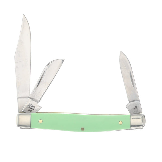 Case XX Mint Green Smooth Synthetic Medium Stockman folding knife with three blades.