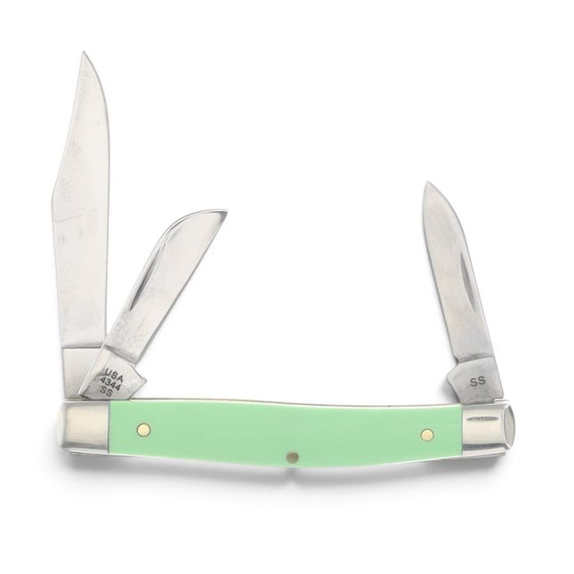 Case XX Mint Green Smooth Synthetic Medium Stockman folding knife with three blades.