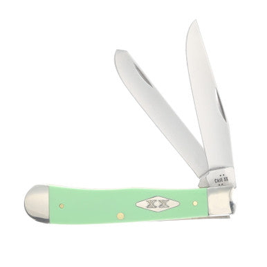Case XX Mint Green Smooth Synthetic Trapper folding knife with two open blades and Case shield.
