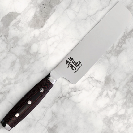 Razor Sharp AZ Dragon Fire 180mm Nakiri vegetable knife with a stainless steel blade and black Micarta handle.