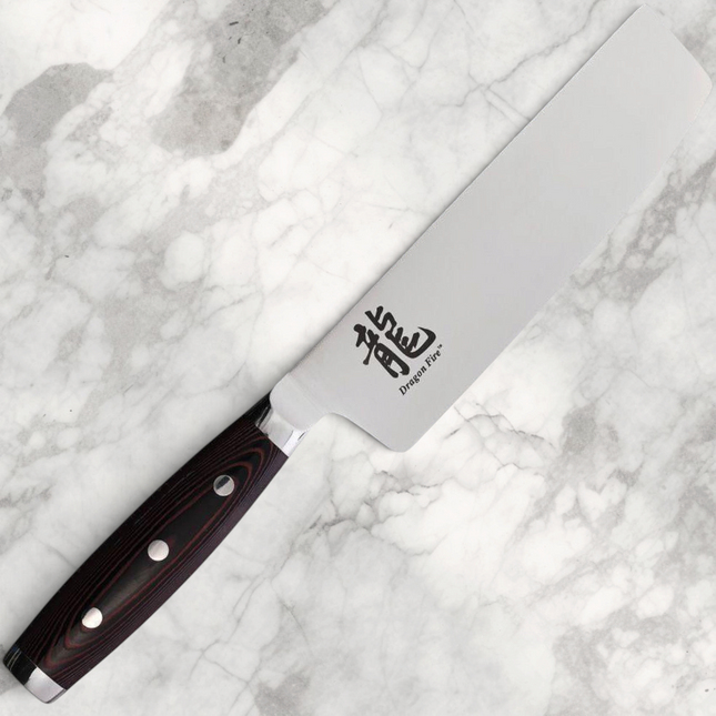 Razor Sharp AZ Dragon Fire 180mm Nakiri vegetable knife with a stainless steel blade and black Micarta handle.