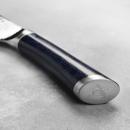 Razor Sharp AZ Shun Shiranami Santoku knife handle made of blue resin-stabilized jute micarta with steel endcap