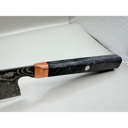 Damascus Steel 7.5” Santoku with shredded Carbon Fiber Handles by Razor Sharp AZ