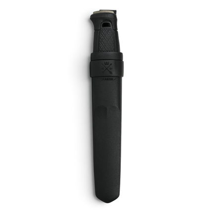 Razor Sharp AZ Morakniv Garberg Black Blade bushcraft knife in its black polymer sheath with embossed logo.