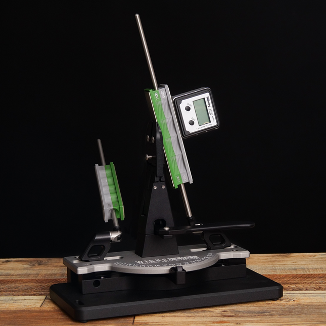 Razor Sharp AZ Low Angle and Small Knife Kit installed on a Wicked Edge sharpener with a digital angle gauge