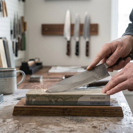 Razor Sharp AZ professional sharpening a chef knife on a dual-grit whetstone in a workshop setting
