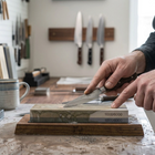Razor Sharp AZ expert sharpening a kitchen knife on a dual-grit whetstone in a professional workshop setting.