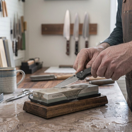 Razor Sharp AZ professional sharpening a folding knife on a dual-grit whetstone in a workshop setting