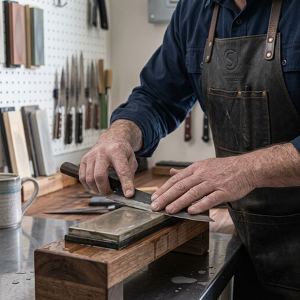 Razor Sharp AZ professional sharpening a chef knife on a whetstone in a workshop with various knives on the wall.