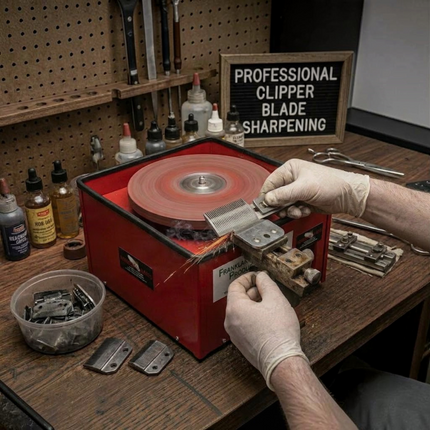Razor Sharp AZ technician sharpening a metal clipper blade on a professional red rotary grinding machine in a workshop