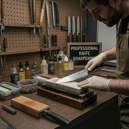 Razor Sharp AZ expert sharpening a chef knife on a whetstone in a professional workshop setting