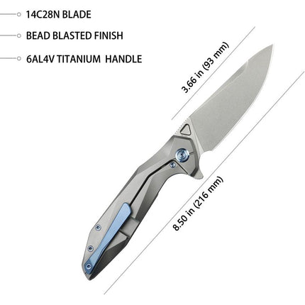 Kubey Nova Framelock Titanium Knife Bead Blast 14C28N Sandvik Stainless Blade Gray Titanium Handle Tang Pocket Clip by Kubey