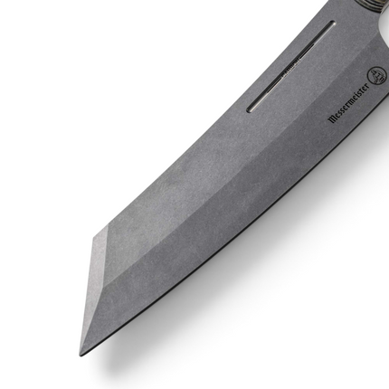Razor Sharp AZ Messermeister 8-inch carbon steel Bunka chef's knife with a grey ceramic stonewash finish and sharp tip
