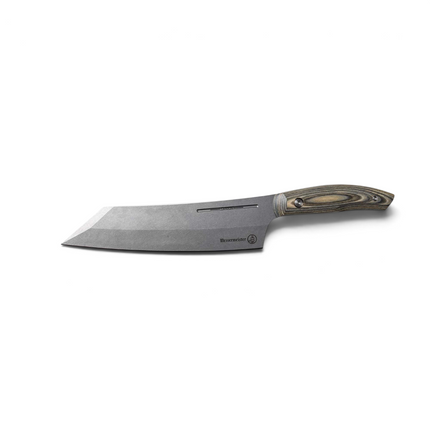 Razor Sharp AZ Messermeister 8-inch carbon steel Bunka chef's knife with a stonewash finish and driftwood handle.