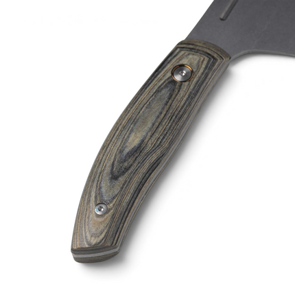 Razor Sharp AZ Carbon Bunka chef knife featuring an ergonomic Driftwood Evergreen handle with detailed wood grain