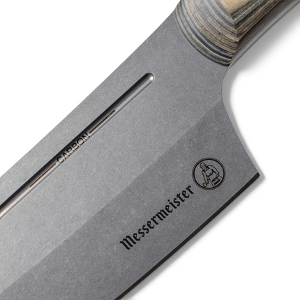 Razor Sharp AZ Messermeister 8-inch Carbon Bunka chef's knife with a grey ceramic stonewash blade and driftwood handle.