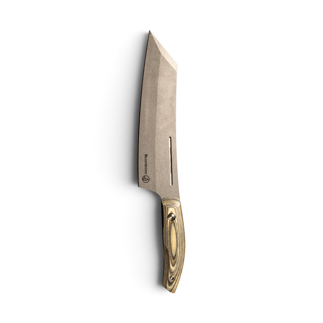 Razor Sharp AZ 8-inch Messermeister Carbon Bunka chef's knife with a stonewash blade and driftwood evergreen handle.