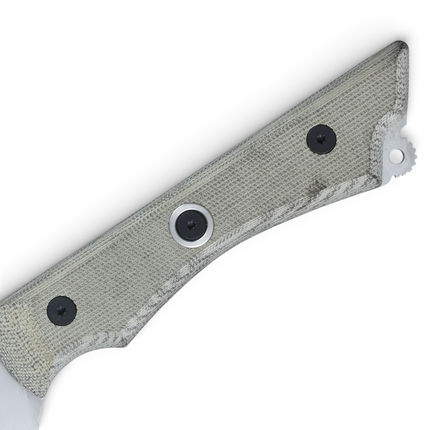 Razor Sharp AZ Overland Chef camp knife handle made of textured grey canvas Micarta with black rivets.