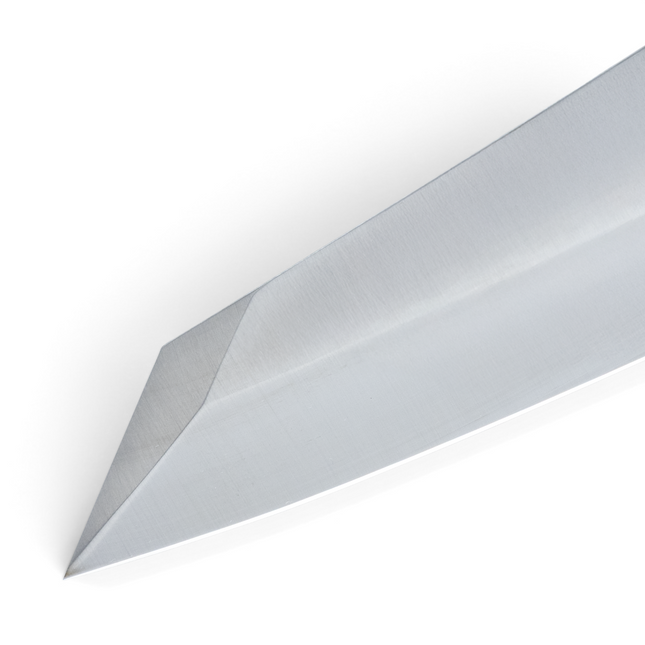 Razor Sharp AZ Messermeister Overland Chef 8 inch camp knife blade showing the reinforced ballistic clip point design