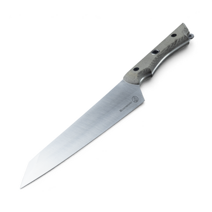 Razor Sharp AZ Messermeister Overland 8-inch chef camp knife with a grey canvas Micarta handle and Nitro-B steel blade.